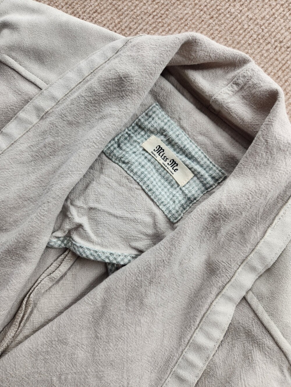 Miss Me Women's Small Light Gray Open Front Linen Jacket Pockets Zip Accent
